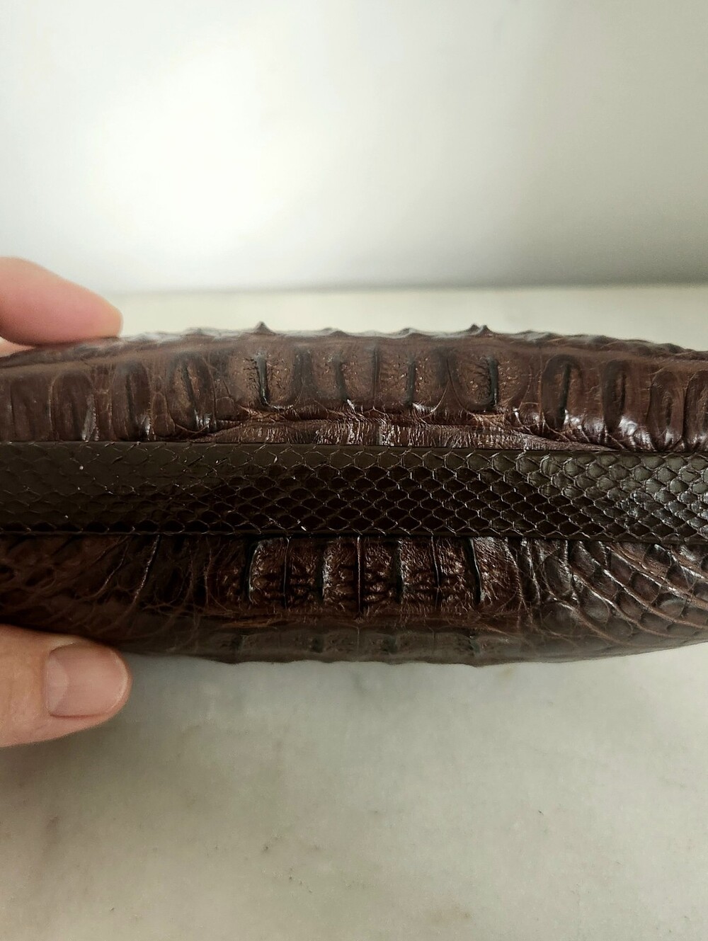 Brown Croc-Embossed Leather Snakeskin Make Up Case Clutch - Picture 6 of 10